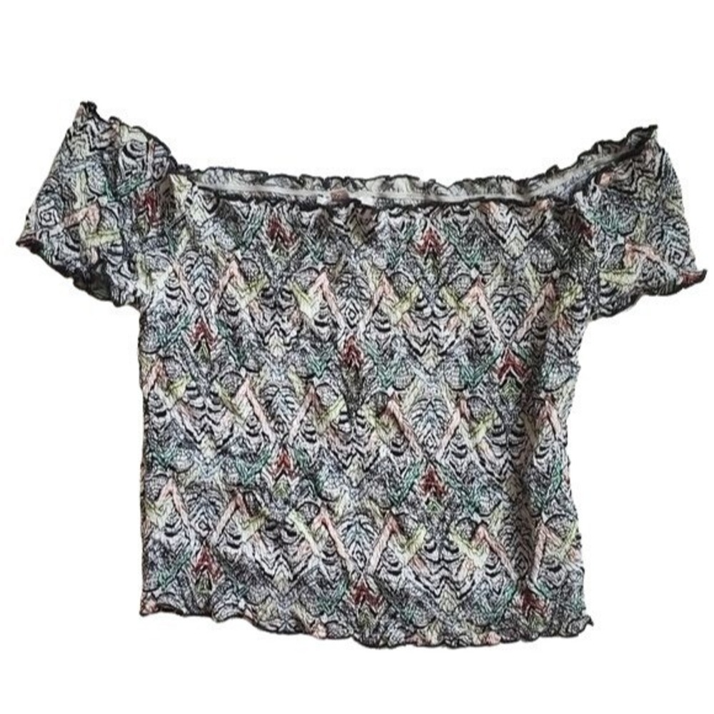 Guess Women Milkmaid Festival Smocked Off Shoulder Top XL Multicolor Chevron NEW